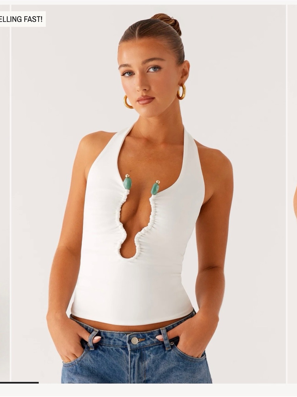 Peppermayo White Ruched Halter Keyhole Tank